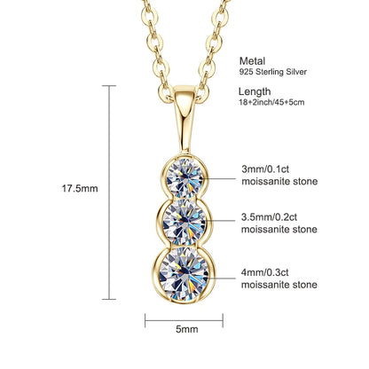 4mm&3.5mm&3mm 0.60cttw. 3 Stones D Color Moissanite Pendant Necklaces 925 Silver for Women 18K Gold Plated 2025 Trendy Jewelry