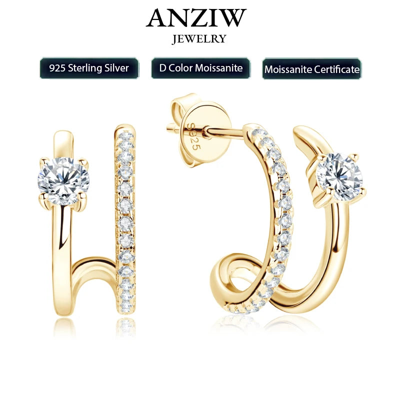 Anziw NEW 4mm Moissanite Piercing Stud Ear Cuffs 925 Sterling Silver Double Side Hoop Earrings for Women Illusion Jewelry Gifts