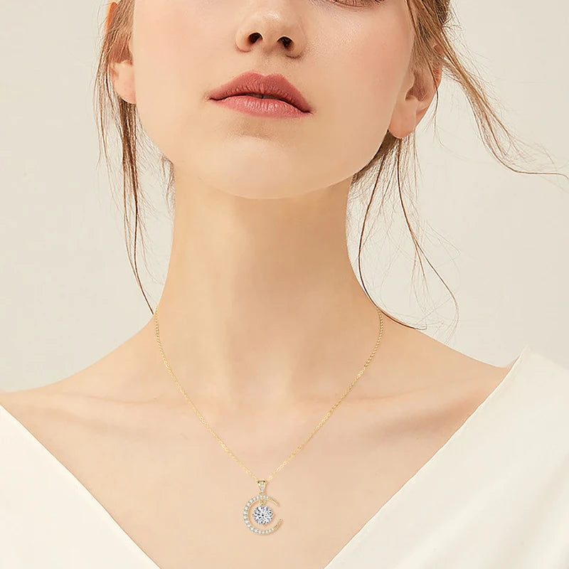 Anziw 8mm 2.0CT D Moissanite Sun Crescent Pendant Necklaces For Women 925 Silver Adjustable Chain Charm Certified Jewelry Gifts