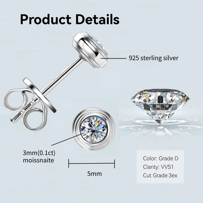 Anziw Bezel 5mm 6.5mm 1CT D Color Moissanite Earrings 925 Sterling Silver Plated K Gold Earrings for Men Women Gift Valentine's