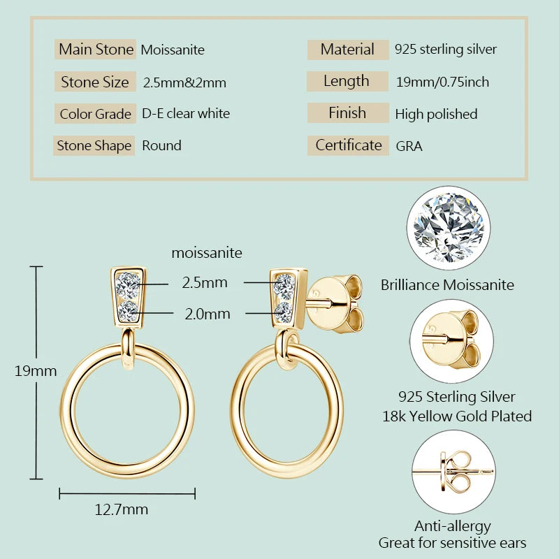 Anziw 925 Sterling Silver Circle Dangle Drop Earrings for Women Moissanite Stud Earrings Minimalist Wedding Party Jewelry 2024