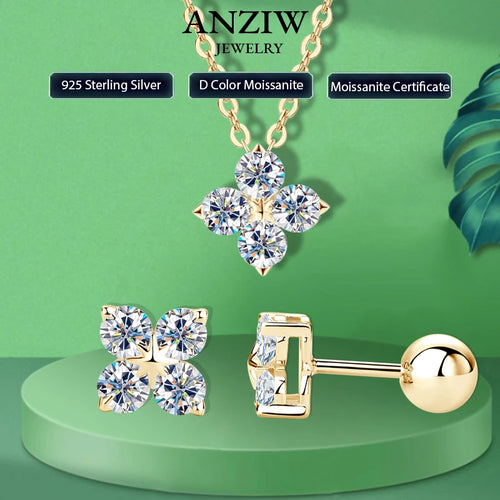 Anziw Lucky Clover Flower 3mm Moissanite Jewelry Set 925 Silver Pendant Necklace Stud Earrings for Women S925 Charm Fine Jewelry