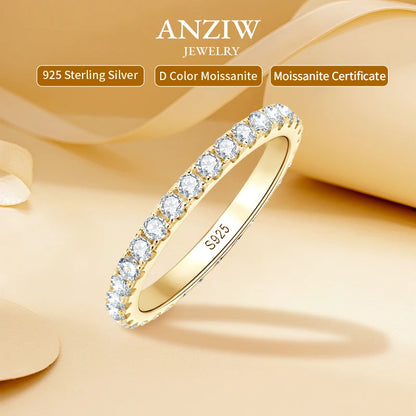 Classic 925 Sterling Silver Full Eternity Ring 2mm D Moissanite Rings Stackable Finger Bands for Women 18k Gold Plated Jewelry