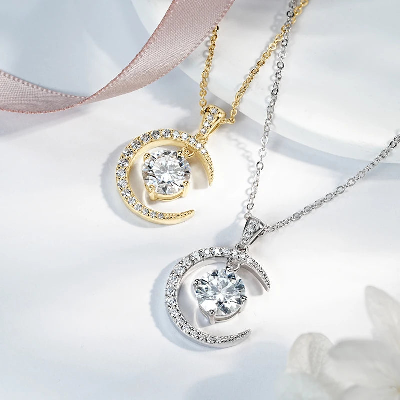 Anziw 8mm 2.0CT D Moissanite Sun Crescent Pendant Necklaces For Women 925 Silver Adjustable Chain Charm Certified Jewelry Gifts