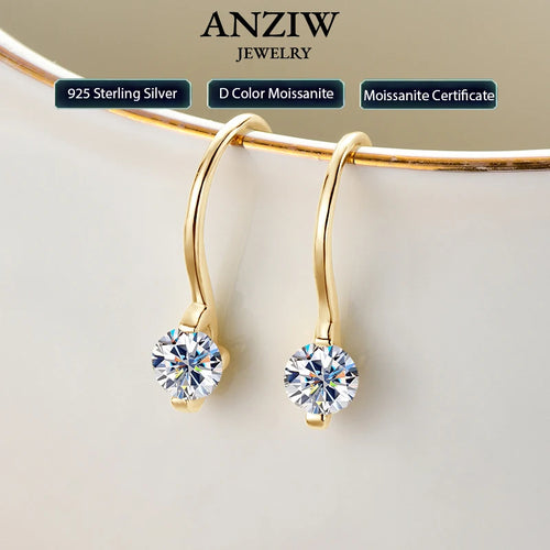 Anziw 2024 4mm Round Moissanite Drop Hook Earrings 100% 925 Silver for Women Original Fine Jewelry Lab Diamond with Certificate