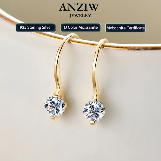Anziw 2024 4mm Round Moissanite Drop Hook Earrings 100% 925 Silver for Women Original Fine Jewelry Lab Diamond with Certificate