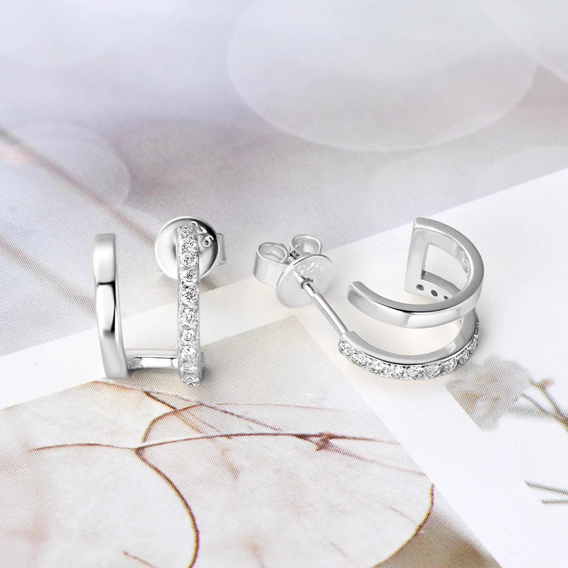 Anziw NEW 4mm Moissanite Piercing Stud Ear Cuffs 925 Sterling Silver Double Side Hoop Earrings for Women Illusion Jewelry Gifts