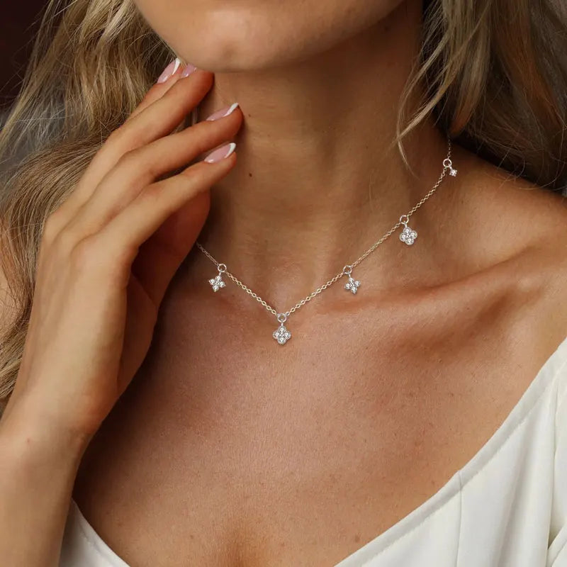 Anziw 2mm Moissanite Pendant Necklace for Women 925 Silver Four Clover Flower Clavicle Necklaces Charm Valentine Gift 2025 Trend