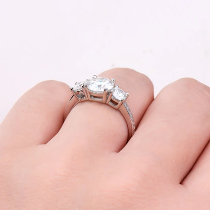 Anziw 3.5CTTW. Cushion & Round Moissanite Ring 925 Silver 3 Stone Engagement Wedding Promise Rings For Women Finger Jewelry D-E
