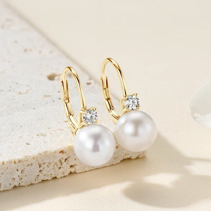 Anziw 925 Sterling Silver 8-9mm Natural Freshwater Pearl and 3mm Moissanite Hoop Drop Earrings Wedding Fine Jewelry for Women