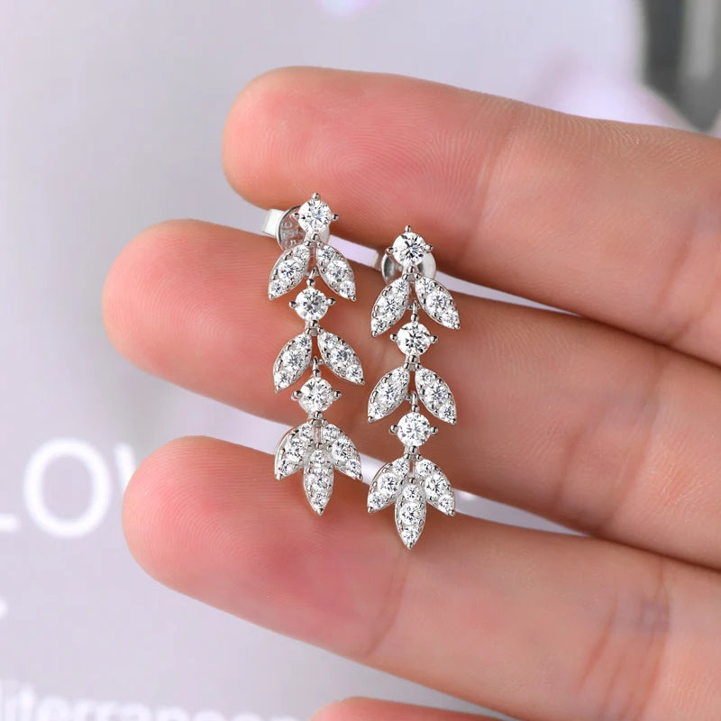 ANZIW Real Moissanite Earrings Leaf Chandelier Drop Dangle Long Earrings 925 Silver Piercing Studs for Women Cute Jewelry Korean