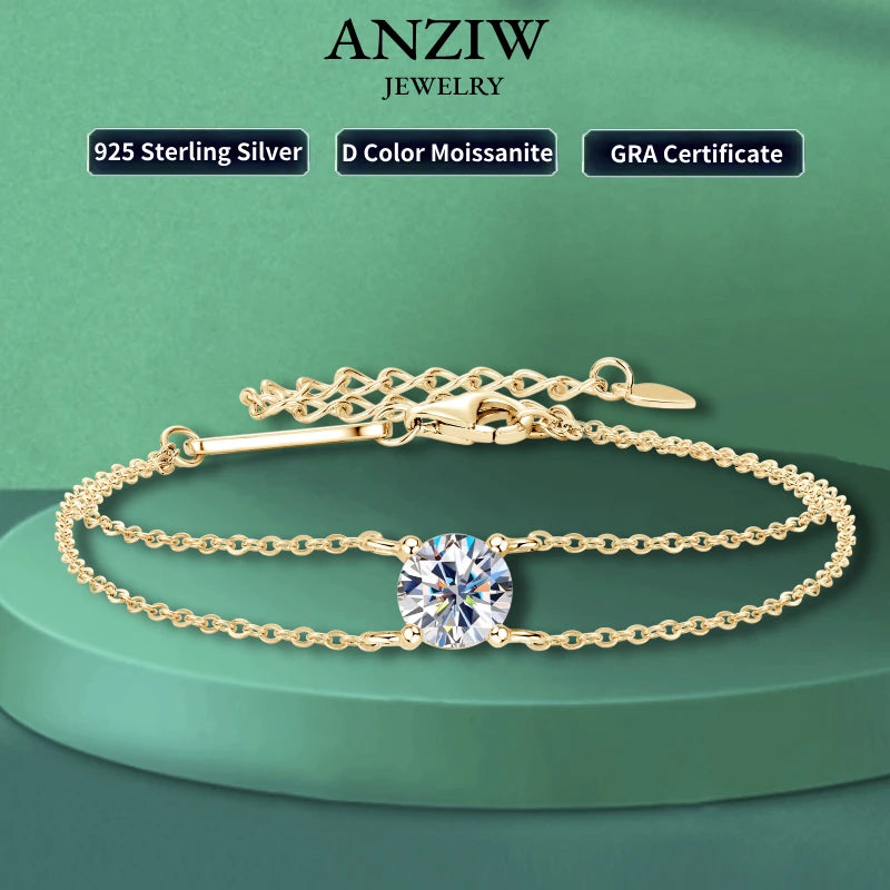Anziw Real 925 Silver Double Chain Bracelet 6.5mm 1.0ct D Color Moissanite Bracelets With GRA Certificate Jewelry for Women Gift