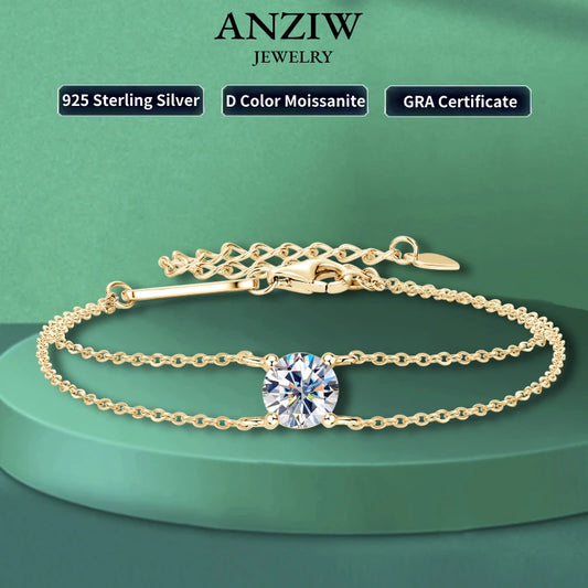 Anziw Real 925 Silver Double Chain Bracelet 6.5mm 1.0ct D Color Moissanite Bracelets With GRA Certificate Jewelry for Women Gift