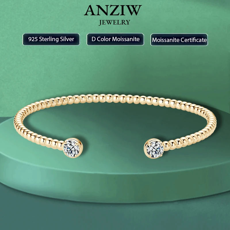 Anziw Solid 925 Sterling Silver Open Bangle Cuff 5mm 0.5ct D Color Round Cut Moissanite Bracelet & Certificate Women's Jewelry