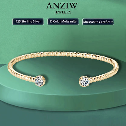 Anziw Solid 925 Sterling Silver Open Bangle Cuff 5mm 0.5ct D Color Round Cut Moissanite Bracelet & Certificate Women's Jewelry