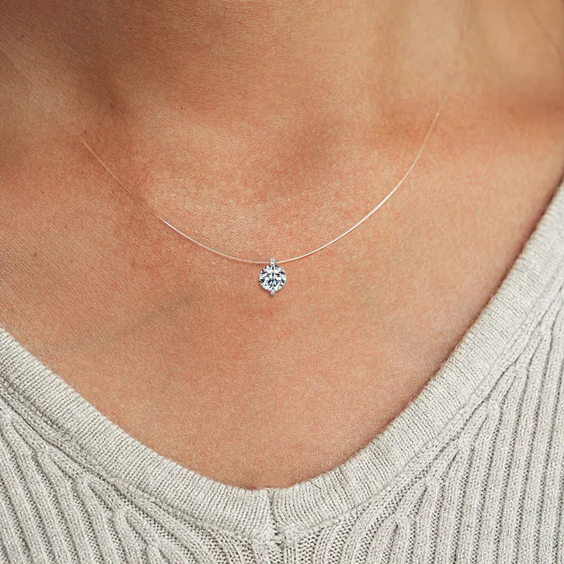 Anziw 2ct 1ct 0.5ct D Moissanite Pendant Necklaces for Women 925 Silver Adjustable Invisible Fish Line Chain Choker Gift 6.5-8mm