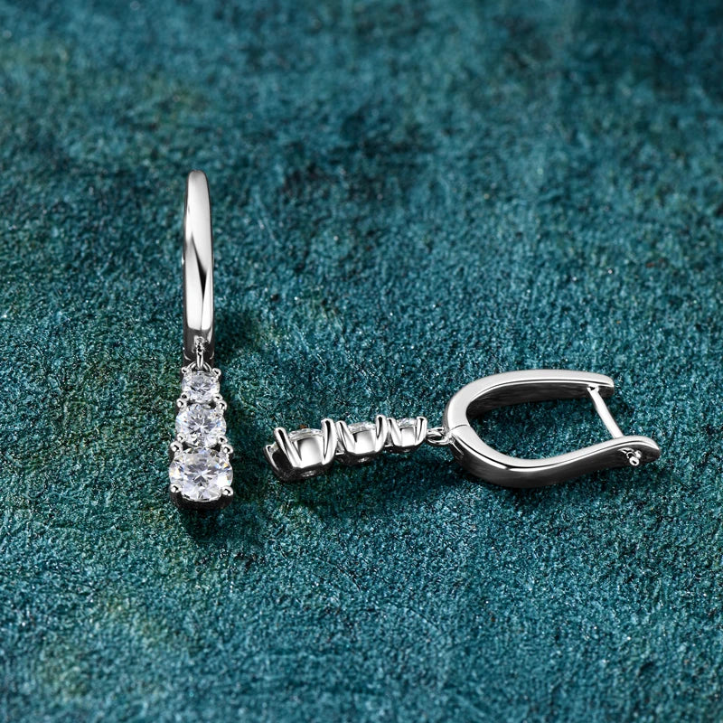 Anziw Three Stone Trilogy Clip Earrings 925 Sterling Silver 1.8CTW. Moissanite Pendant Earrings for Women Wedding Jewelry Gifts