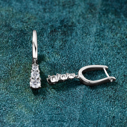 Anziw Three Stone Trilogy Clip Earrings 925 Sterling Silver 1.8CTW. Moissanite Pendant Earrings for Women Wedding Jewelry Gifts