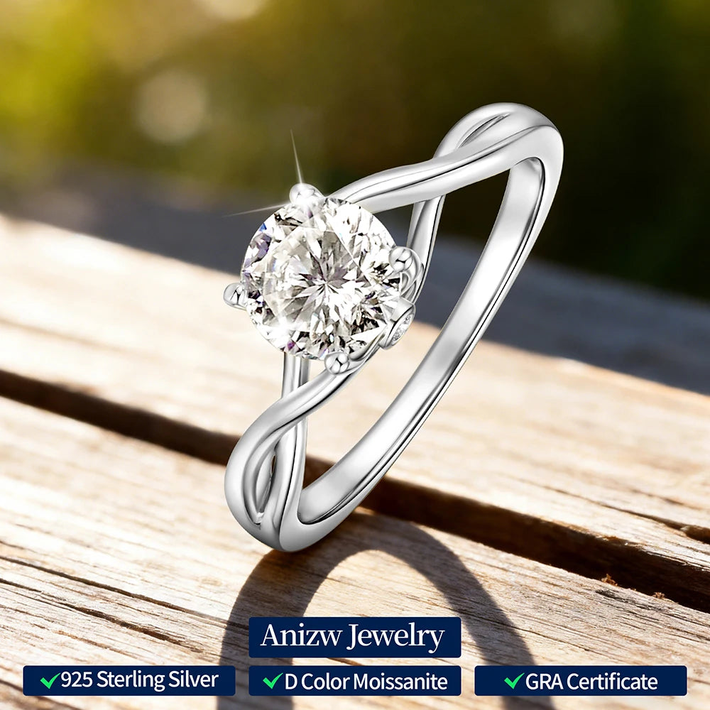 Anziw Vintage 1.0CT 6.5mm Moissanite Ring for Women Real 925 Silver 18k Gold Plated Twist Shank Finger Rings Wedding Engagement