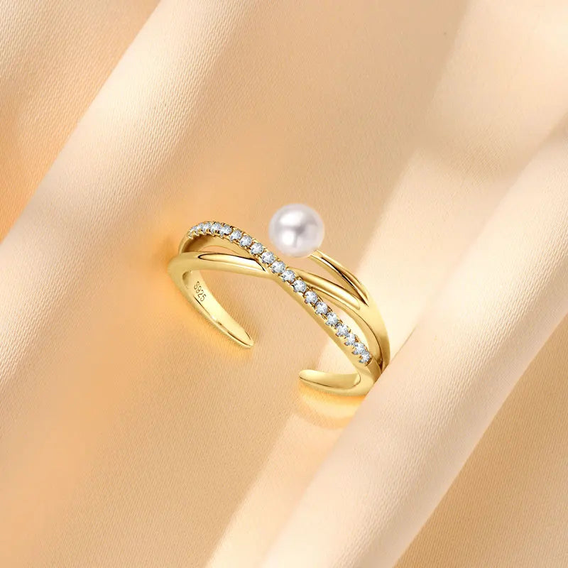ANZIW s925 4-4.5mm Natural Freshwater Pearl Cross Rings for Women 925 Sterling Silver Trendy Opening Bands Ring Finger Jewelry
