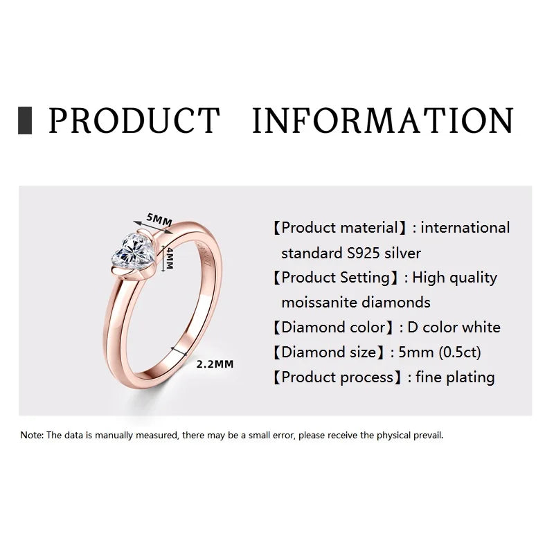 Anziw Rose Gold Color 0.5ct Heart Shaped Moissanite Solitaire Engagement Ring Silver 925 for Women Promise Wedding Bands Jewelry
