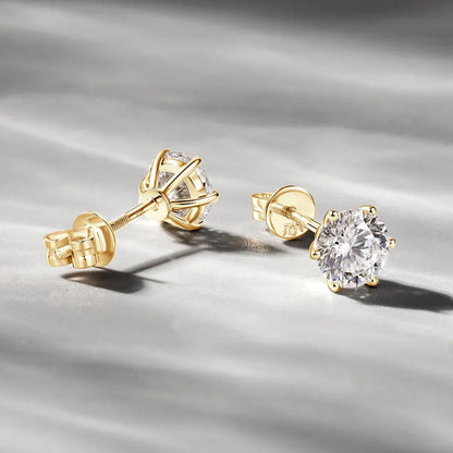 Anziw Real Gold 10K Stud Earrings Moissanite 1ct  6.5mm D Color Screw Back Six Claws Earrings for Women Men Classic Gold Jewelry