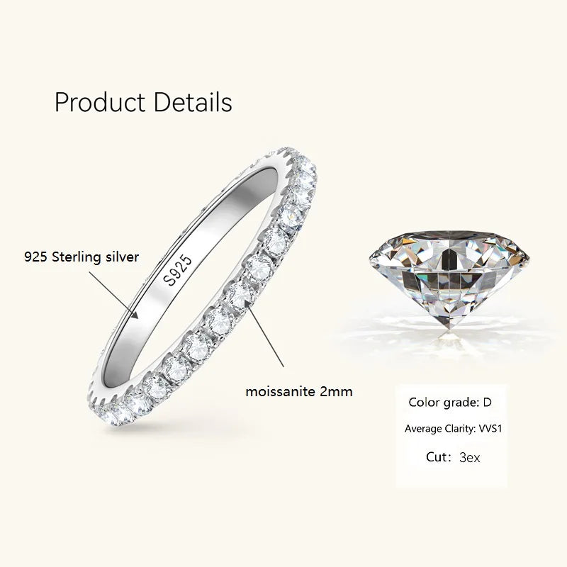 Anziw Classic Stackable Rings 925 Sterling Silver 2mm D Moissanite Eternity Band Wedding Engagement Ring for Women Fine Jewelry