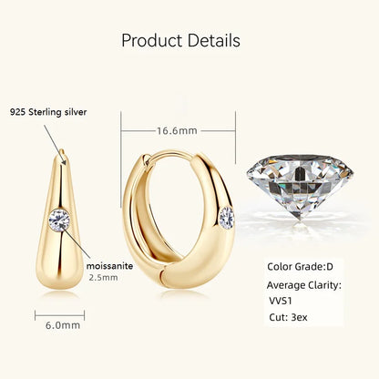 Anziw Chunky Hoops 2.5mm D Color Moissanite Thick Huggie Earring Gold Plated 925 Silver Piercing Earrings for Women Jewelry Gift