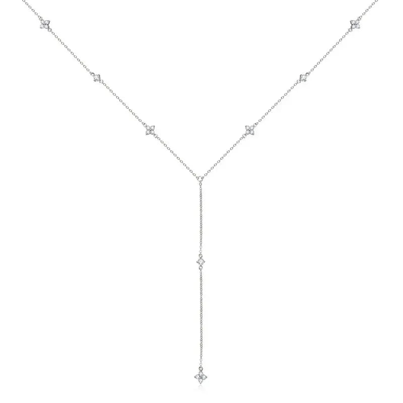 Anziw Moissanite Long Tassel Pendant Necklace 925 Silver Four Clover Flower Y Chain Necklace for Women Valentine Gift Trend 2024