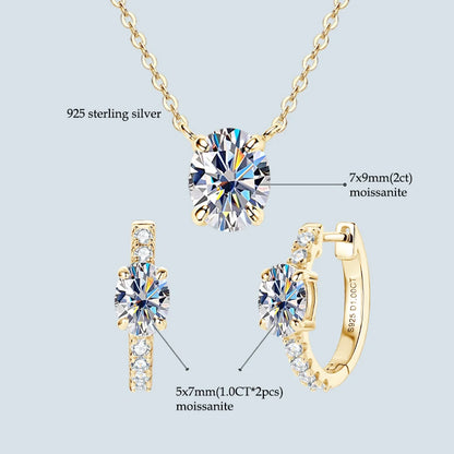 4.0cttw Oval Cut D Moissanite Jewelry Set Real 925 Silver Pendant Necklace and Luxury Hoop Earrings Sets for Women Trendy Gift