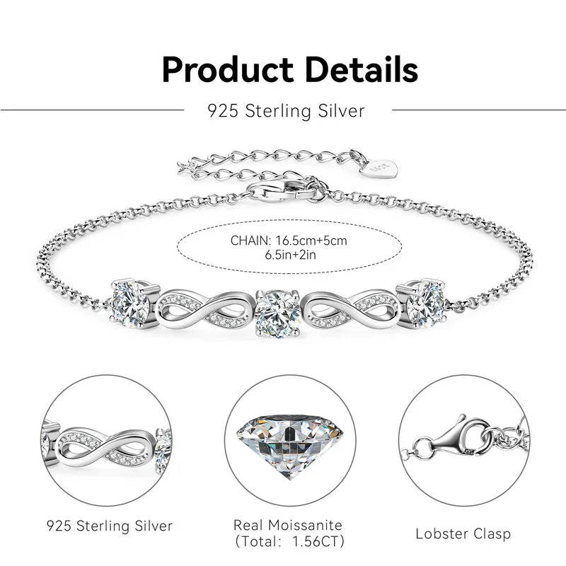 18k Gold Plated 5mm 1.5CTW Moissanite Infinity Bracelet 925 Silver Chain Bracelet for Women Anniversary Wedding Jewelry 2024 New