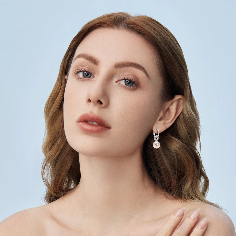 Anziw Real 925 Sterling Silver Hoop Earrings 9-10mm White Shell Pearl Drop Earring Detachable Wedding Party Jewelry for Women