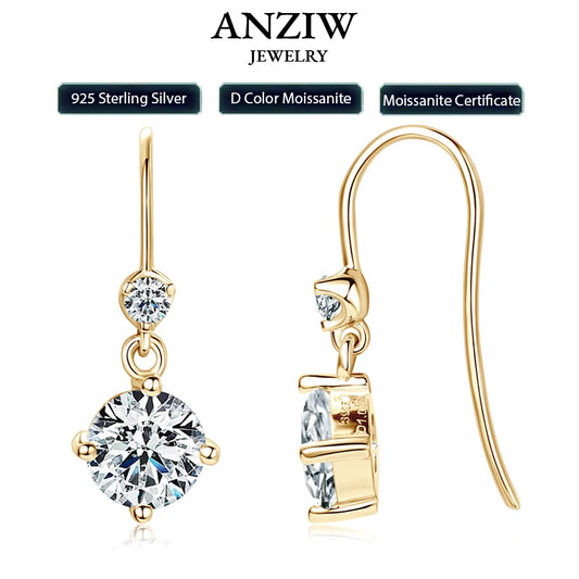 Anziw Hook Earrings Real 925 Silver 6.5mm 1ct Round Moissanite Drop Dangle Earring Certified Wedding Jewelry for Women Gift