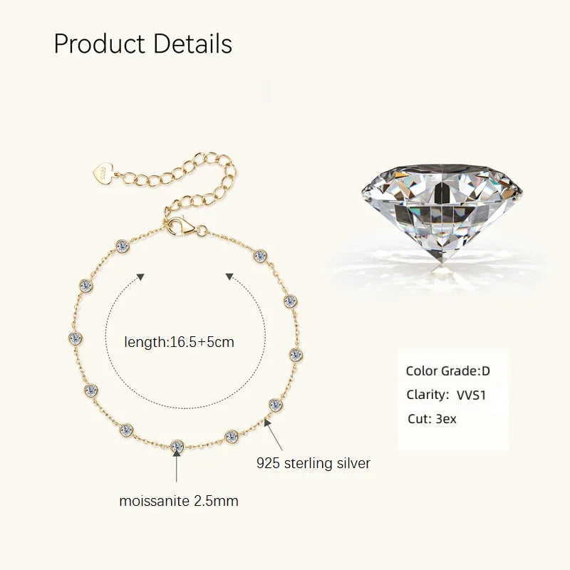 Anziw Fashion 925 Sterling Silver Bubble Bracelet 2.5mm D Color Bezel Moissanite Bracelets for Women Birthday Gift Fine Jewelry