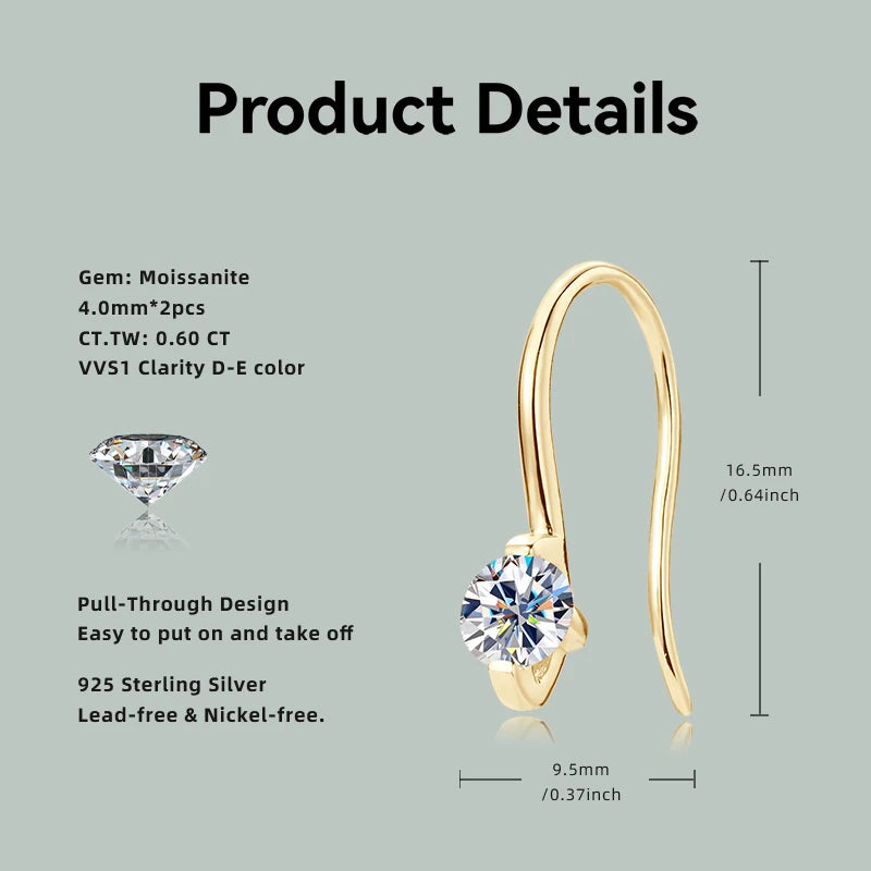 Anziw 2024 4mm Round Moissanite Drop Hook Earrings 100% 925 Silver for Women Original Fine Jewelry Lab Diamond with Certificate