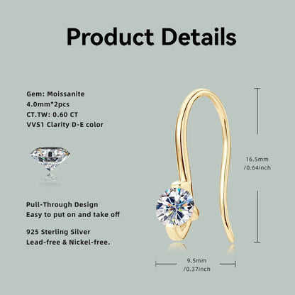 Anziw 2024 4mm Round Moissanite Drop Hook Earrings 100% 925 Silver for Women Original Fine Jewelry Lab Diamond with Certificate