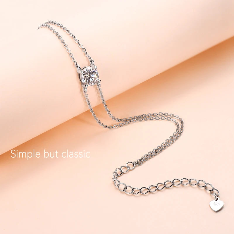 Anziw S925 1ct 6.5mm D Round Moissanite Bracelet for Women Classic Double Chain 925 Silver Bracelet Adjustable Hand Jewelry Gift
