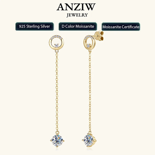 Anziw 6.5mm 1.0ct D Moissanite Drop Earrings for Women 925 Silver Circle Stud Long Chain Dangle Earrings Certified Jewelry Gifts