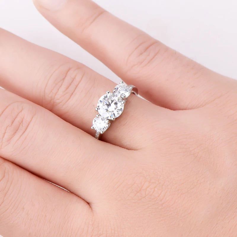 Anziw 3.5CTTW. Cushion & Round Moissanite Ring 925 Silver 3 Stone Engagement Wedding Promise Rings For Women Finger Jewelry D-E