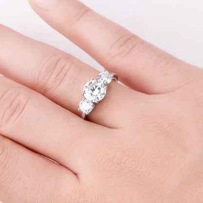 Anziw 3.5CTTW. Cushion & Round Moissanite Ring 925 Silver 3 Stone Engagement Wedding Promise Rings For Women Finger Jewelry D-E