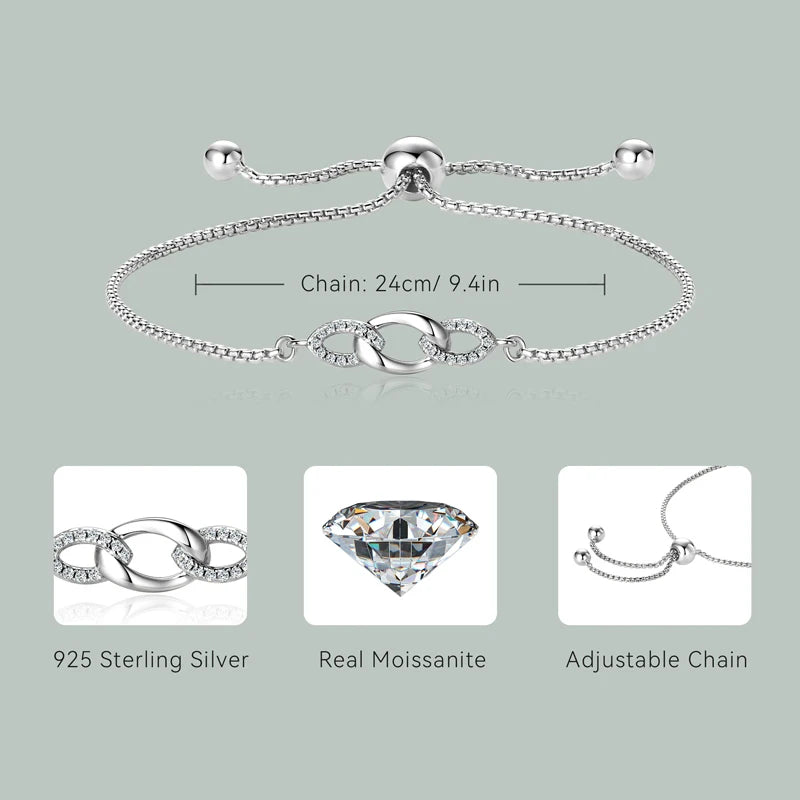 Anziw S925 0.8mm Moissanite Bracelet 24cm Stretch Adjustable Chain 925 Silver Circle Bracelet for Women Trendy Hand Jewelry Gift