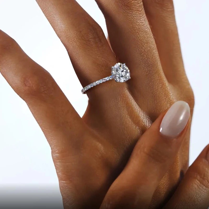 Classic 925 Sterling Sliver Engagement Wedding Promise Ring 8mm 2 Carat Round D-E Moissanite Finger Rings for Women Fine Jewelry