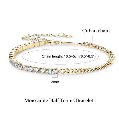 Anziw 925 Sterling Silver Plated 14K Gold Tennis Bracelet 3mm 5mm D VVS1 Round Moissanite Bracelets for Women Men Couples Gifts