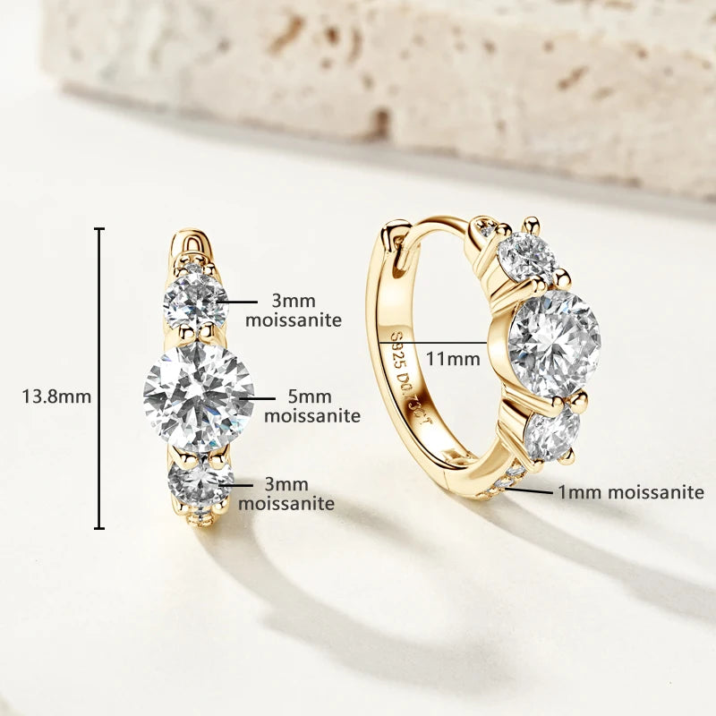 Anziw Classic 6.5mm&4mm&1.3mm D Moissanite 3-Stone Hoop Huggies Earrings 925 Silver Fine Jewelry Valentine's Day Gift for Women