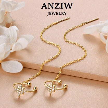 Anziw Moissanite Star Ear Line Cuff Crawler Climber Earrings for Women 925 Silver Long Chain Threader Earring GRA Jewelry Gifts