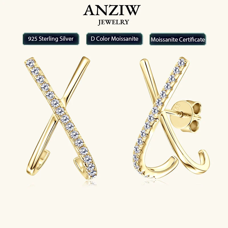 Anziw 2025 New Trend Moissanite Earrings 925 Silver Cross X Shape Stud Earrings for Women Daily Wear Fine Jewelry Gift Birthday