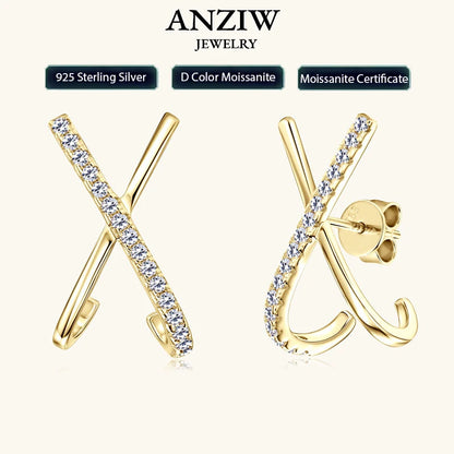 Anziw 2025 New Trend Moissanite Earrings 925 Silver Cross X Shape Stud Earrings for Women Daily Wear Fine Jewelry Gift Birthday
