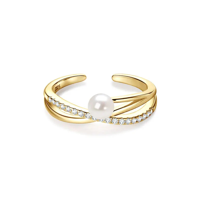 ANZIW s925 4-4.5mm Natural Freshwater Pearl Cross Rings for Women 925 Sterling Silver Trendy Opening Bands Ring Finger Jewelry