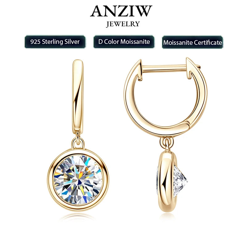 Anziw 2023 Trend Women's Gold Hoop Earrings Genuine 925 Silver 1CT 2CT Moissanite Drop Earring Wedding Jewelry With Certificate