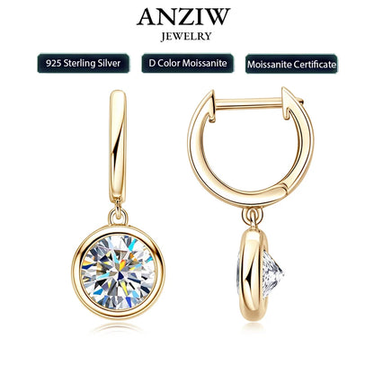 Anziw 2023 Trend Women's Gold Hoop Earrings Genuine 925 Silver 1CT 2CT Moissanite Drop Earring Wedding Jewelry With Certificate